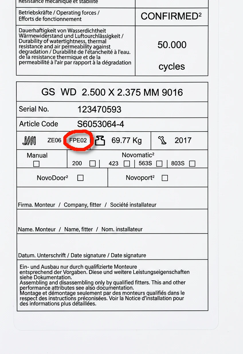 Typskylt för Novoferm vertikal dragfjäder