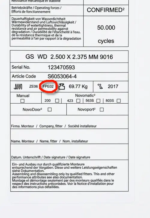 Typskylt för Novoferm vertikal dragfjäder